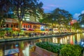 River walk in San Antonio city downtown skyline cityscape of Texas USA