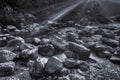 River water flowing through rocks at dawn, Reshi River, Sikkim, India