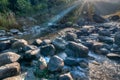 River water flowing through rocks at dawn, Reshi River, Sikkim, India