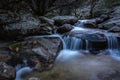 River water flows among the rocks and forms small waterfalls, RascafrÃÂ­a, Madrid, Spain Royalty Free Stock Photo