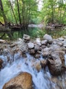 River water waterfall reflection stones trees