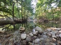 River water waterfall reflection stones trees