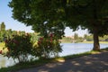 river waterfront at sunrise. cityscape in summer