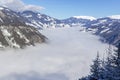 The river of white fog in mountains.Alpine Alps mountain landscape at Tirol, Top of Europe Royalty Free Stock Photo