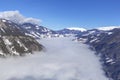 The river of white fog in mountains.Alpine Alps mountain landscape at Tirol, Top of Europe Royalty Free Stock Photo