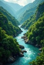 River winds its way through a dense forested valley, jungle, terrain Royalty Free Stock Photo