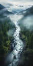 Mystical River Flowing Through Enchanting Foggy Landscape