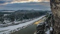 River in winter at the Bastei bridge in saxon switzerland national park, Elbe Sandstone Mountains, Germany. Royalty Free Stock Photo