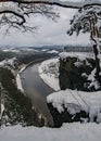 River in winter at the Bastei bridge in saxon switzerland national park, Elbe Sandstone Mountains, Germany. Royalty Free Stock Photo