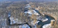 River winter floodplain delta snow meander drone aerial inland video shot in sandy sand alluvium freezing cold frost Royalty Free Stock Photo