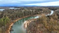 River winter floodplain delta Zastudanci meander drone aerial inland video shot in sandy sand alluvium freezing cold Royalty Free Stock Photo