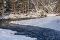 River In Winter, Snow Both Sides Of Shore, Sun Shines On Coniferous Trees At Background