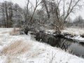 River in Winter: Water in a small river runs through a snow covered prairie with a few bare trees along the banks of the river on Royalty Free Stock Photo