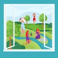 River with woman character at cartoon window, vector illustration. Girl at nature and tree pick up water. Green grass