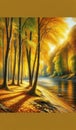 A riverbank adorned with trees shedding golden leaves, creating a picturesque scene of autumnal abundance.Nature Painting