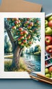 A riverbank dotted with apple trees, their branches heavy with ripe fruit. landscape, Nature Painting