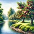 A riverbank dotted with apple trees, their branches heavy with ripe fruit. landscape, Nature Painting