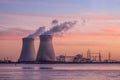 Riverbank with nuclear power plant Doel during sunset, Port of Antwerp, Belgium