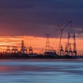 Riverbank with silhouettes of container terminal cranes during a sunset, Port of Antwerp, Belgium Royalty Free Stock Photo