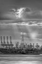 Riverbank with silhouettes of container terminal cranes during sunset, Port of Antwerp, Belgium Royalty Free Stock Photo