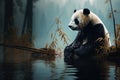 Riverbank tranquility, pandas illustrated beside a misty forest pond