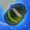 Riverbed dried up by climate change in the foothills of the Alps, Germany, Bavaria, Little Planet, Spherical 360 degrees seamless