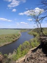 Riverbend in deep spring forestm with green trees on the bank of the river and sands under blue sky Royalty Free Stock Photo