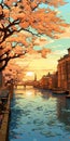 Riverboat In A City With Blossoming Cherry Trees In Pixel Art Style