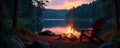 Riverfront campfire, cozy camping chairs, dusk glow, scene, chairs, wood Royalty Free Stock Photo