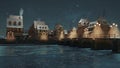 Riverfront of cozy medieval town at winter night 3D