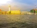 Riverfront view of Samut Prakan city hall with new observation tower and boat pier. Samut Prakan is at the mouth of the Chao Royalty Free Stock Photo