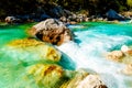 Rivers with beautiful turquoise water. Soca River in Slovenia. Royalty Free Stock Photo