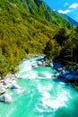 Rivers in the mountains with beautiful turquoise water. Soca River in Slovenia. Royalty Free Stock Photo