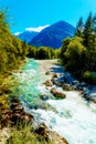 Rivers in the mountains with beautiful turquoise water. Soca River in Slovenia. Royalty Free Stock Photo