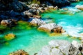 Rivers in the mountains with beautiful turquoise water. Soca River in Slovenia. Royalty Free Stock Photo