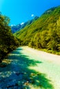 Rivers in the mountains with beautiful turquoise water. Soca River in Slovenia. Royalty Free Stock Photo