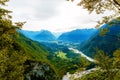 Rivers in the valley and hills in the background. Soca River in Slovenia. Royalty Free Stock Photo