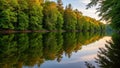 Riverscape with lush green deciduous trees lining both sides reflected Royalty Free Stock Photo