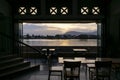 Riverside bar restaurant view at sunset in kampot town cambodia