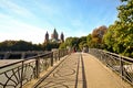 Riverside with bridge across the Isar River in Munich, Bavaria Germany