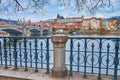 Riverside cityscape with seagull, Prague, Czechia Royalty Free Stock Photo