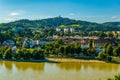 Riverside of Danube with the Poestlingberg Basilica, Linz, Austria...IMAGE