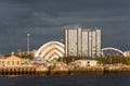 Riverside landmarks at sunset in Glasgow, Scotland