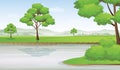 Riverside Landscape with Mountains Row In Horizon, Vector Illustration Royalty Free Stock Photo
