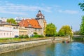 Riverside of the morava river with an evangelical church in the czech city Olomouc....IMAGE