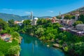 Riverside of Neretva at the old town of Mostar, Bosnia and Herze Royalty Free Stock Photo