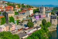 Riverside of Neretva at the old town of Mostar, Bosnia and Herze Royalty Free Stock Photo