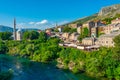 Riverside of Neretva at the old town of Mostar, Bosnia and Herze Royalty Free Stock Photo