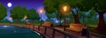 Riverside night park with benches and light posts