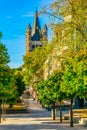 Riverside promenade and Saint Martin church in Cologne, Germany